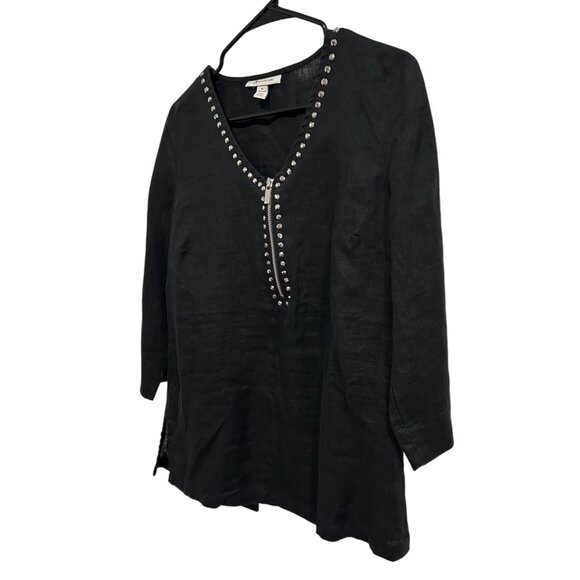JM Collection Black Linen Tunic Top Rhinestone Detail Zipper Neck Size 8 - Picture 3 of 8